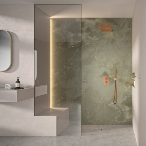 Ramon Soler deszczownica ścienna prostokątna WATERFALL szczotkowana miedź