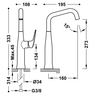 Tres bateria umywalkowa wysoka FUJI stal