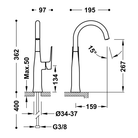 Tres bateria umywalkowa wysoka LOFT stal