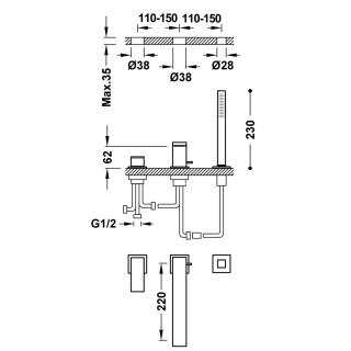 Tres bateria wannowa 220 mm CUADRO matowe złoto