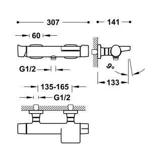 Tres bateria wannowo-prysznicowa ścienna LOFT złoty cava